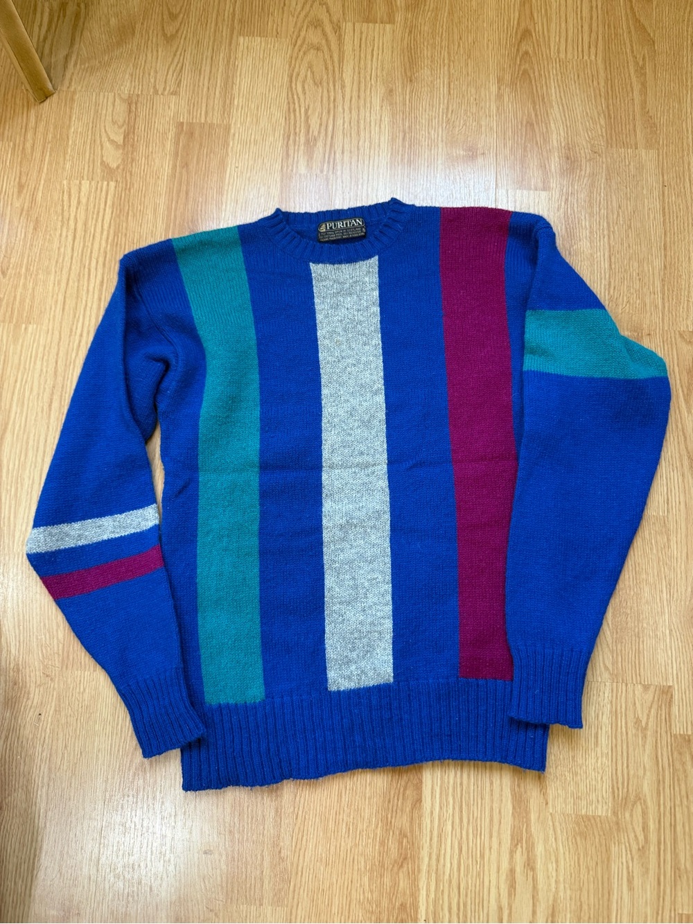 Vintage Puritan Men’s Shetland Wool Colorblock Sweater Blue 70% Wool Size S